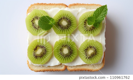Vegetarian healthy sandwich with fresh fruits top view on white table diet breakfast Vegetarian healthy sandwich with fresh fruits top view on white table diet breakfast 110961762