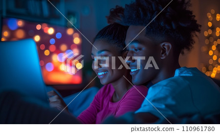 Happy multiracial young couple enjoying quality time together watching laptop on cozy sofa at home Happy multiracial young couple enjoying quality time together watching laptop on cozy sofa at home 110961780