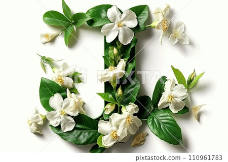 Jasmine flower letter j in 3d modern style on white background for elegant design. Jasmine flower letter j in 3d modern style on white background for elegant design. 110961783
