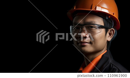 Smiling construction worker in uniform and helmet on labour day with copy space for text placement 110961900