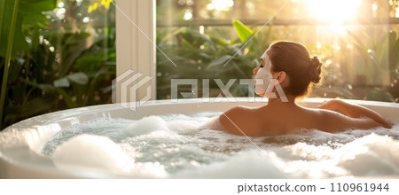 Luxurious spa day  woman relaxing with facial mask in bubble bath, panorama with copy space 110961944