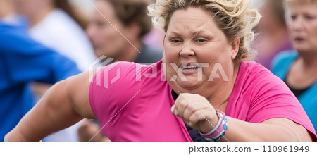 Joyful outdoor fitness for all overweight woman finding happiness through park jogging. Joyful outdoor fitness for all overweight woman finding happiness through park jogging. 110961949