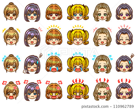 Cute girl chibi character face icon material set 3 with various hairstyles 110962789
