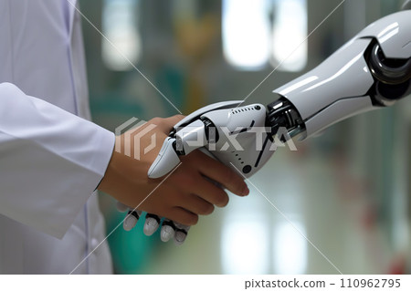 Closeup of a doctor's hand clasping a robot's hand. Generative AI. 110962795
