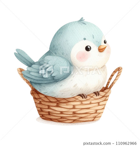 Cute little bird sitting in a basket Clipart Watercolor 110962966
