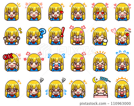 Cute blonde long hair girl chibi character icon material set 110963000