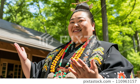Fierce japanese female sumo wrestler displaying her skills in a traditional match 110963157