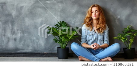 Meditating woman finding peace and relaxation at home, promoting mental health and stress relief Meditating woman finding peace and relaxation at home, promoting mental health and stress relief 110963181