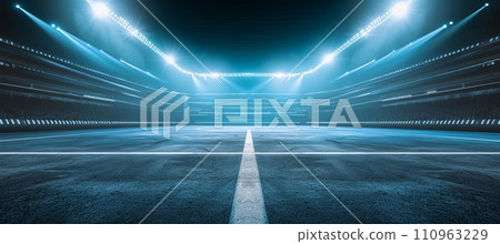 Brightly lit arena with empty boxing ring, set for intense match between skilled fighters. Brightly lit arena with empty boxing ring, set for intense match between skilled fighters. 110963229