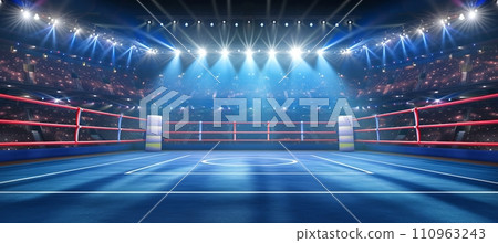 Spectacular view of an empty professional boxing ring in a grand arena with empty seats 110963243