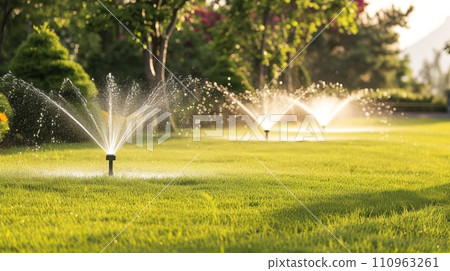 Efficient automatic sprinkler system watering the lush green lawn in a beautifully landscaped garden 110963261