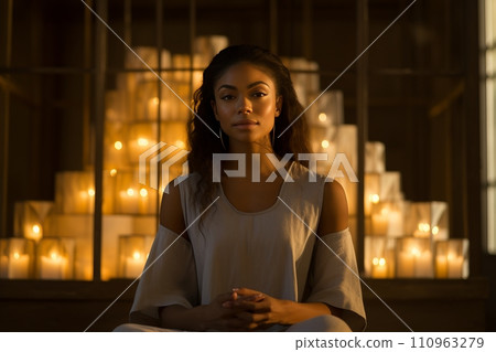 Graceful young black woman practicing yoga at home in autumn colors and natural light Graceful young black woman practicing yoga at home in autumn colors and natural light 110963279