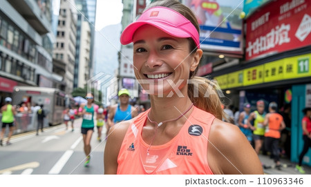 Active and healthy woman smiling while trail running in city marathon triathlon event Active and healthy woman smiling while trail running in city marathon triathlon event 110963346