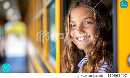 Happy elementary school girl smiling and ready to board school bus in the morning 110963407