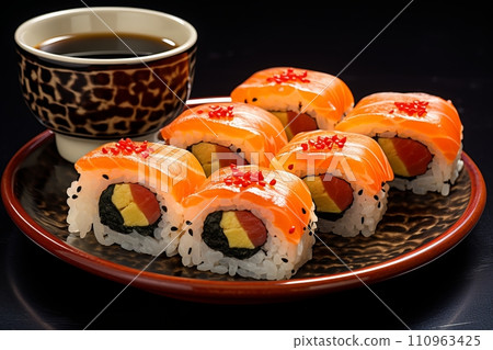 Delicious assortment of freshly made sushi rolls on a pristine plate in a stylish cafe setting Delicious assortment of freshly made sushi rolls on a pristine plate in a stylish cafe setting 110963425