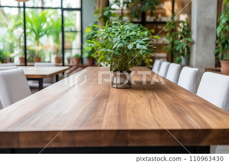 Blurred bright interior with kitchen table top for product display in modern and well lit setting Blurred bright interior with kitchen table top for product display in modern and well lit setting 110963430
