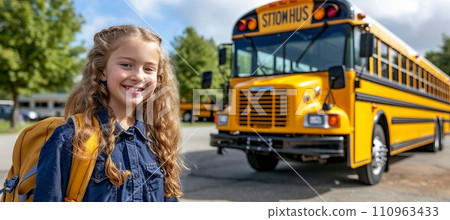 Happy elementary student girl ready to board school bus with copy space for text placement Happy elementary student girl ready to board school bus with copy space for text placement 110963433
