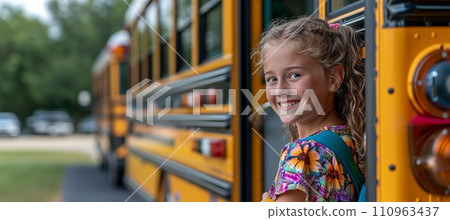 Smiling elementary school girl ready to board school bus with copy space for text 110963437