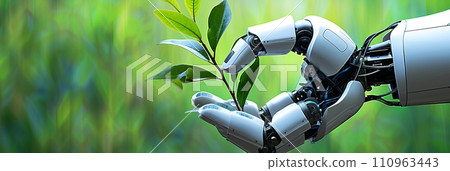 Sustainable agricultural development  robot hand holding young plant in lush spring forest 110963443