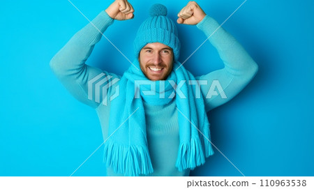 Joyful man in scarf and knitted hat isolated on pastel background with copy space Joyful man in scarf and knitted hat isolated on pastel background with copy space 110963538