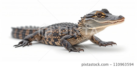 Close up shot of isolated alligator on white background, wildlife reptile with copy space 110963594