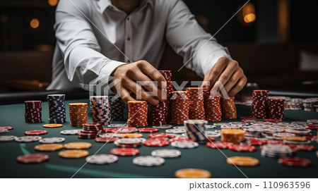 High stakes gambling with a pile of casino chips and a deck of playing cards on the table 110963596