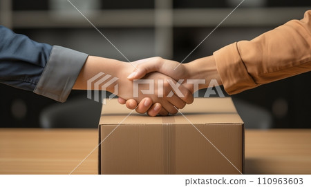 Happy woman accepting a delivery of cardboard boxes from the deliveryman at her doorstep 110963603