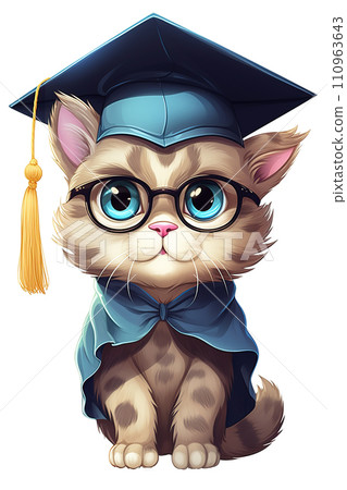 Cute cat in graduation cap with glasses and bow tie illustration. Generative AI 110963643