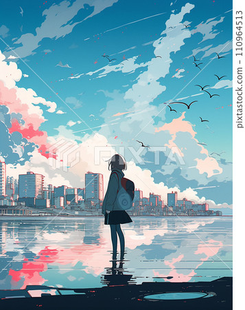 海、城市和女孩人工智慧生成的圖像 110964513