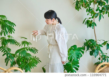A young woman watering the houseplants in her room A young woman watering the houseplants in her room 110964771
