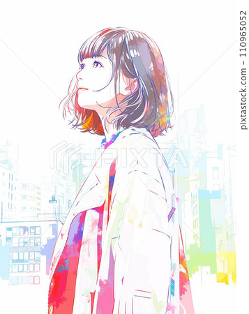 AI-generated image of a young woman looking up at the sky in the city 110965052