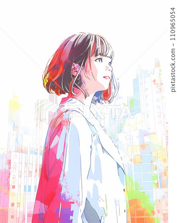 AI 生成的一位年輕女子仰望城市天空的圖像 110965054