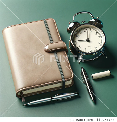 closed planner and an alarm clock on a green background symbolizing business meeting planning or travel planning concepts The planner is elegantly closed planner and an alarm clock on a green background symbolizing business meeting planning or travel planning concepts The planner is elegantly 110965578