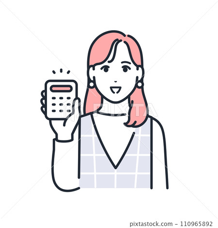 Simple vector illustration material of a stylish young woman smiling and holding a calculator 110965892