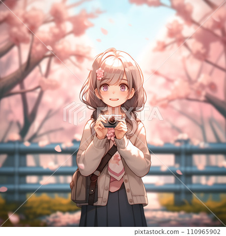 AI image generation: Girl taking a photo under cherry blossoms AI image generation: Girl taking a photo under cherry blossoms 110965902