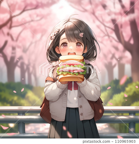 AI image generation: Girl holding out a sandwich under cherry blossoms AI image generation: Girl holding out a sandwich under cherry blossoms 110965903