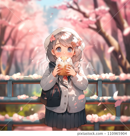 AI image generation: Girl eating sweets under cherry blossoms 110965904