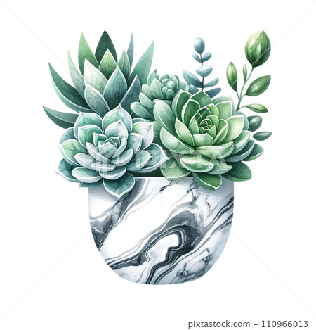 Succulent with a marble-patterned square pot  watercolor clipart 110966013