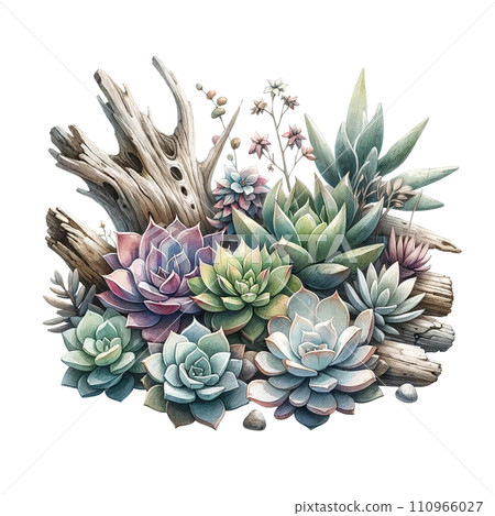Succulent garden with driftwood accents watercolor clipart Succulent garden with driftwood accents watercolor clipart 110966027