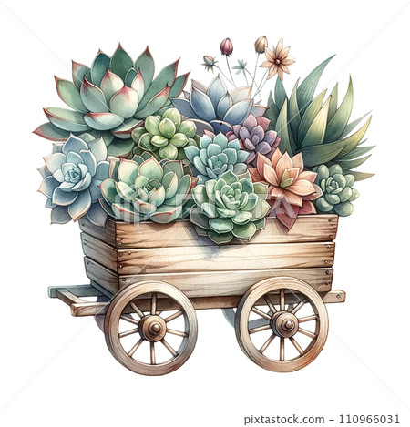 Succulent arrangement in a wooden wagon watercolor clipart 110966031