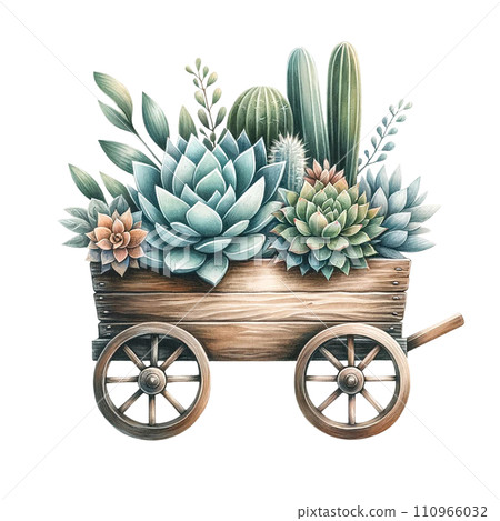 Succulent arrangement in a wooden wagon watercolor clipart Succulent arrangement in a wooden wagon watercolor clipart 110966032