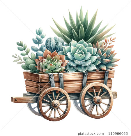 Succulent arrangement in a wooden wagon watercolor clipart Succulent arrangement in a wooden wagon watercolor clipart 110966033