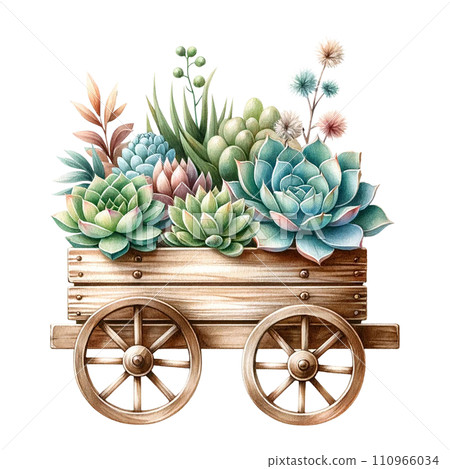 Succulent arrangement in a wooden wagon watercolor clipart Succulent arrangement in a wooden wagon watercolor clipart 110966034
