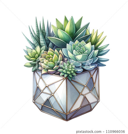 Succulent plant with a metallic geometric planter watercolor clipart 110966036