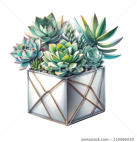 Succulent plant with a metallic geometric planter watercolor clipart Succulent plant with a metallic geometric planter watercolor clipart 110966039
