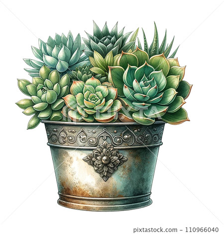 Succulents with a vintage-style metal pot watercolor clipart Succulents with a vintage-style metal pot watercolor clipart 110966040