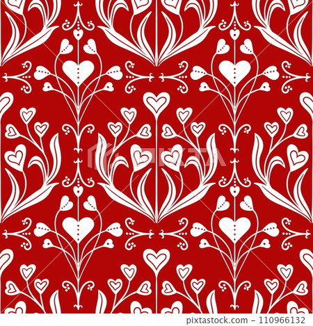 Hand drawn seamless pattern in flower floral st Valentine day style. Elegant colorful love retro vintage design, victorian fabric print, white lines elegant damsk with heart on rich red background. Hand drawn seamless pattern in flower floral st Valentine day style. Elegant colorful love retro vintage design, victorian fabric print, white lines elegant damsk with heart on rich red background. 110966132