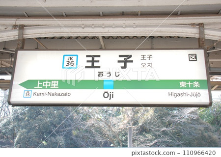 Station name display board at Oji Station (JK36) on the Keihin Tohoku Line (Kita-ku, Tokyo) 110966420