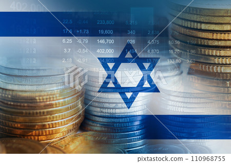 Israel flag with stock market finance, economy trend graph digital technology. Israel flag with stock market finance, economy trend graph digital technology. 110968755