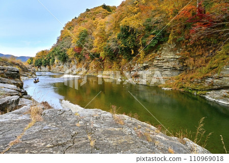 荒川上的遊船沿著長瀞線航行，荒川流經長瀞溪谷岩石鋪道的南端附近，紅葉遍地。 110969018